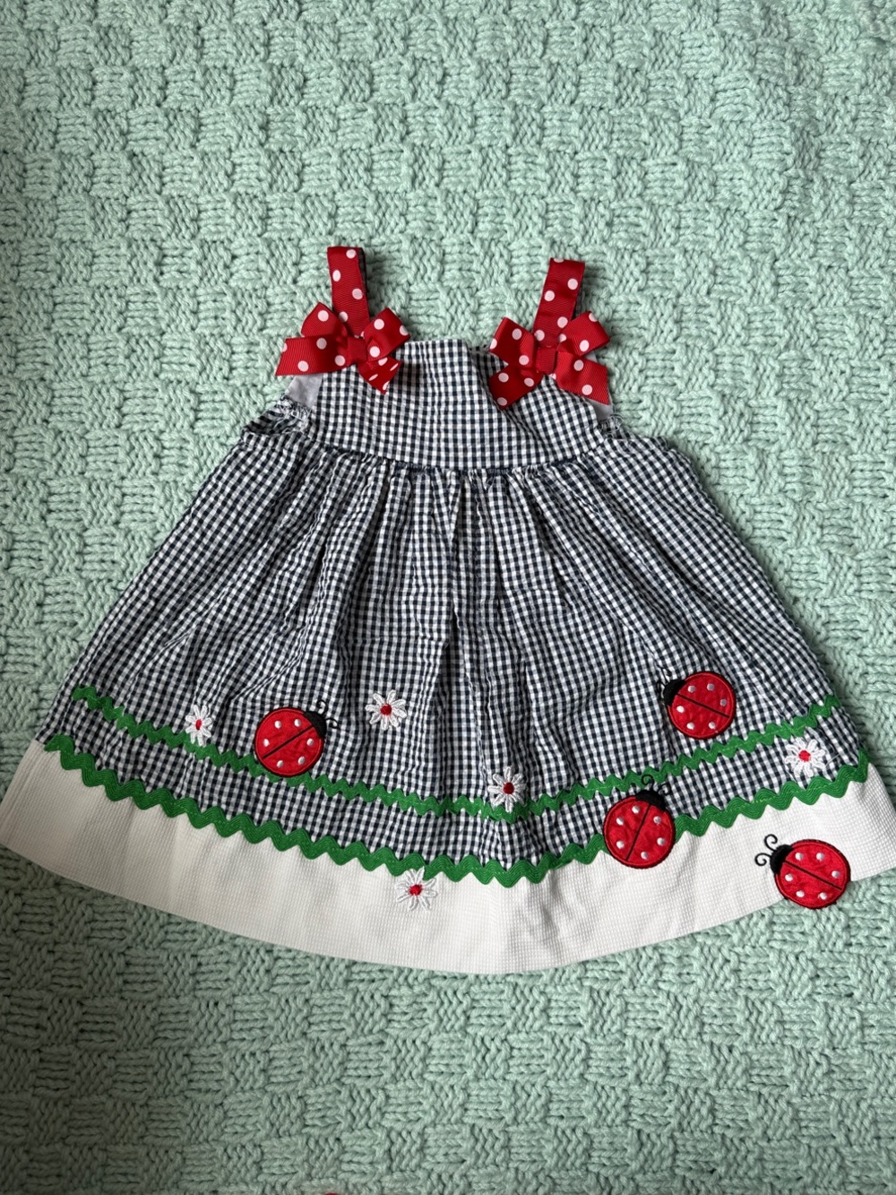 Chantilly Place 12m Ladybug Appliqué Sundress Red Polka Dot Bows Gingham navy